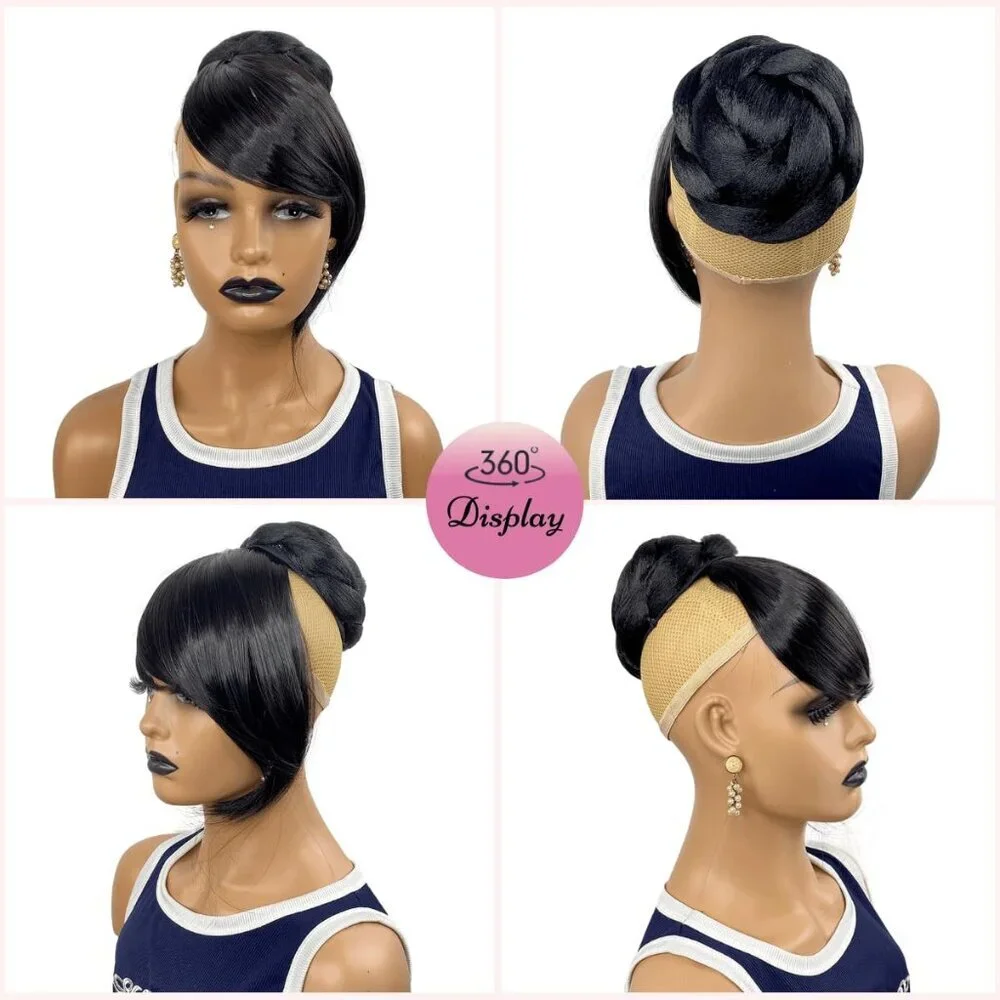 Hair Extension Bun with Bang Set Synthetic Black Large Twist Braided Style